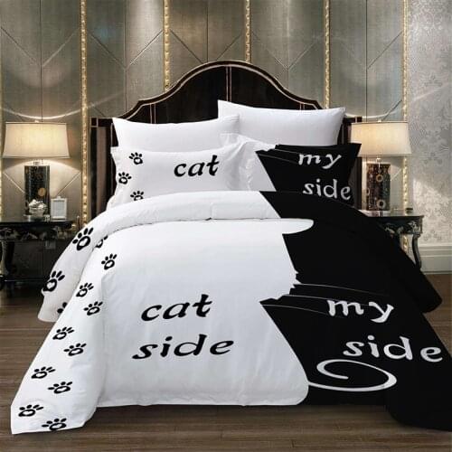2/3pcs Dog Cat Side And My Side Bedding Set Black White Cat Duvet Cover Set Romantic Theme Bedspread Cover For Couple Teen