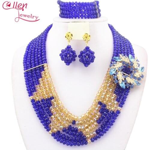 African Beads Jewelry Set Nigerian wedding bridal Party African Blue/Champagne Jewelry Sets Crystal Beaded Jewelry Sets W9884