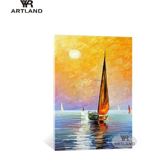 Beautiful seascenery sunrise on the sea sailboat pictgure for home decor Handmade oil painting on canvas wall poster for room