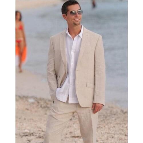 Summer Champagne Linen Men Suits 2 Buttons Beach Wedding Prom Tuxedos Groom Wear Latest Blazer Pant Designs Custom Made