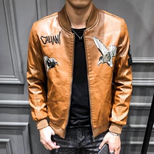 New PU Leather Mens Jacket Long Sleeve Short Coats Casual Motorcycle Jackets Embroidery M-3XL S147