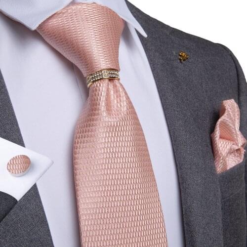 New Designer Mens Necktie Pink Solid Wedding Tie For Men Necktie Ring Silk Tie Set Hanky Cufflinks DiBanGu Business JZ-03-7195
