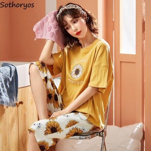 Pajama Sets Women Short Sleeve Summer Calf-length Pant Korean Style Cozy Loose Fashion Sweet Cute Cotton Sleep Home Wear Female