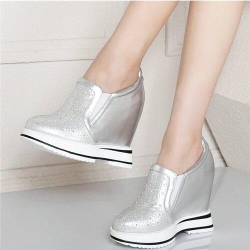 Casual Shoes Women Genuine Leather Wedges High Heel Platform Pumps Shoes Female Round Toe Fashion Sneakers Rhinestones Trainers