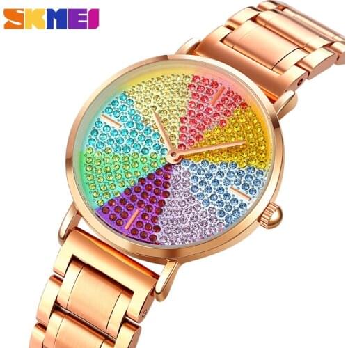 Luxury Fashion Girls Womens Watch Colorful Rhinestone Dial SKMEI Bracelet Women Wrist Watch Quartz Movement Relogio Feminino