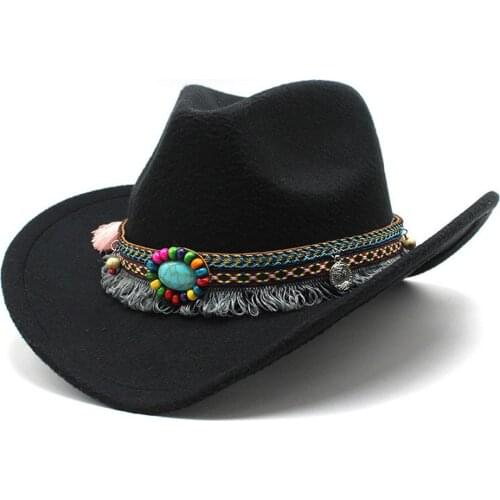 Four Seasons Unisex Cowboy Hats Cowgirl Indiana Style Woolen Western Color Strap Decoration Female Male Panama Caps NZ0021