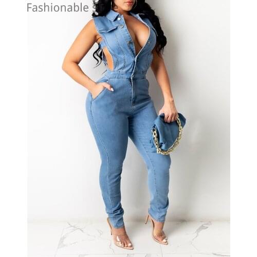 Women Slim Sleeveless Jeans Jumpsuit Pocket Button Hollow Design Denim Romper Turn-Down Collar Playsuit