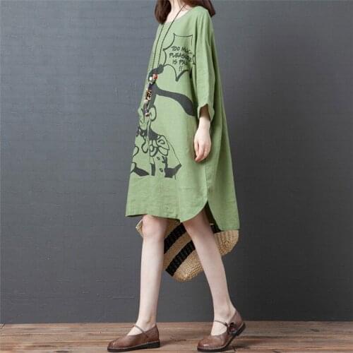 Summer New Large Size Loose Cartoon Printed Linen Bat Sleeve Round Neck Pullover Dress Casual Fashion Long T-Shirt Dress Women