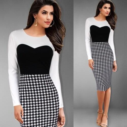 Long Sleeve Charming Black And White Mixed Fabric Jewel Neck Houndstooth Printed Spliced Bodycon Midi Dress For Women 3SZ60033