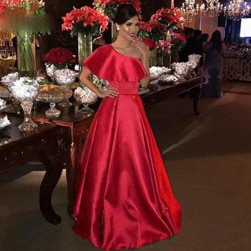 Elegant Red One Shoulder Arabic Party Gowns Simple Satin A-Line Prom Dresses Plus Size Formal Women robe de soiree