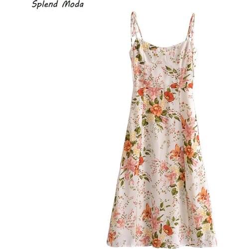 2021 Summer Vintage Lace-Up Floral Print Slim Spaghetti Strap A-line Side Slit Elastic Fashion Dress Zipper Vestido Women