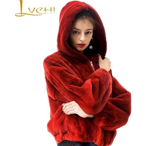 LVCHI Women Winter Real Fur Coat 2019 Long Sleeve Mink Coat Female Thick With Hat 6 Color Natural Fur Women Cuasal Mink Coat