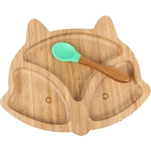 066B Baby Infants Natural Bamboo Bowl Spoon Set Cartoon Animal Divided Dinner Plate