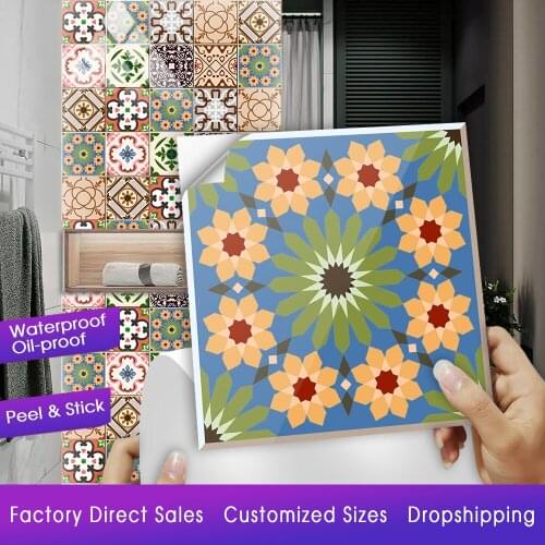 10/15/20/30cm Colorful Floral Ornament Arabesque Wall Sticker Kitchen Bathroom Ceramics Wall Decals Tiles Floor Ground Art Mural
