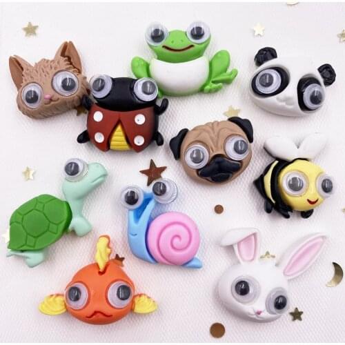 10PCS Kawaii Hand Painting Moving Eyes Animal Figurines Flatback Cabochon Stone Applique Home Craft DIY Scrapbook Ornament OG65