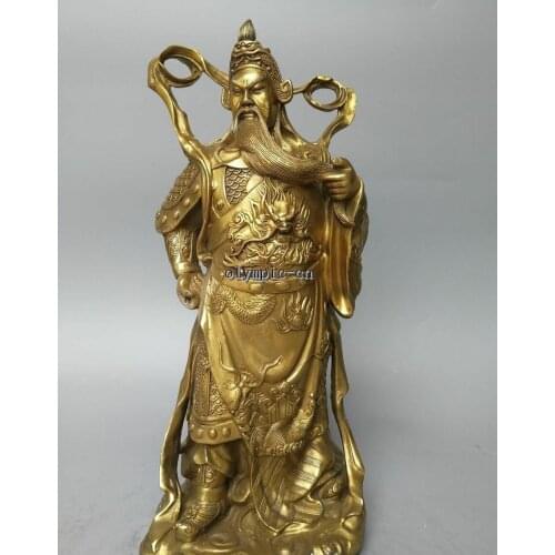 14'' brass carved dragon figure chinese folk war god Guan Gong statue