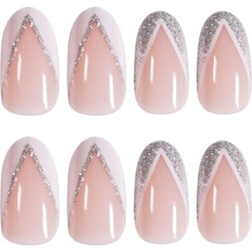 24Pcs Fake Nails Art Tips Manicure Finished Fake Nail Patch Silver Edge French Wearing On False Nails Full Cover With Glue