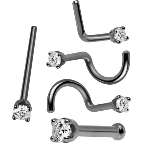 5 Pcs Fashion Body Jewelry Rhinestone Black Nose Studs Stainless Surgical Steel Hook Bone Bar Nose Piercing Crystal Stud Rings