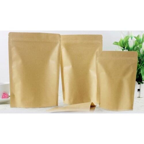 50pcs Brown Gift Bag Paper Kraft Bag Aluminum Foil For Wedding/Candy/Tea Kraft Bags Crafts Stand Up Ziplock Packing Bags Pouches