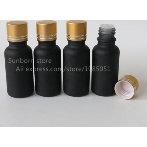 500pcs/lot Wholesale black glass essential oil packaging cosmetic bottle 20ml with Glod screw cap