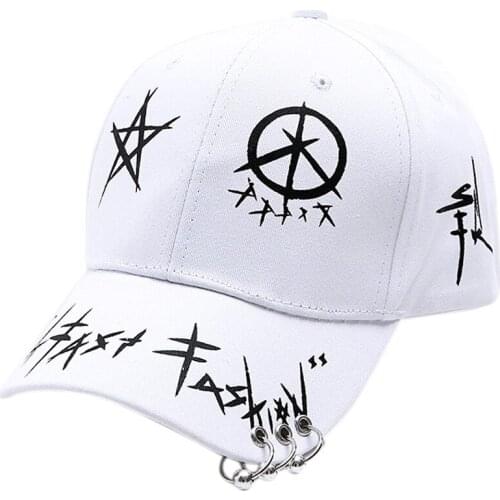 Men Women Black White Graffiti Printed Baseball Cap with 3 Metal Rings Harajuku Hip Hop Adjustable Snapback Trucker Hat