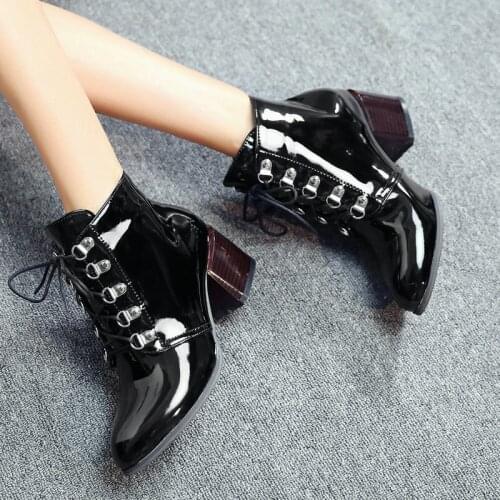 2021 Fashion Patent Leather Ladies Short Boots Spring Autumn Simple Slim Ankle Boots Female Winter Square High-Heel Women Shoes
