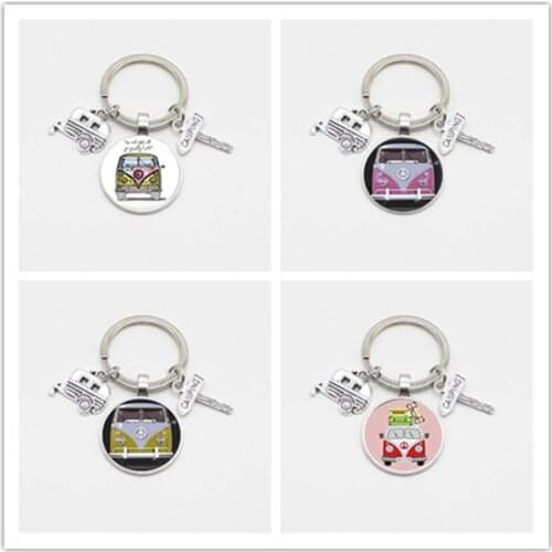 New retro peace card Van Bus road sign keychain glass pendant fashion men and women bag car pendant key ring jewelry