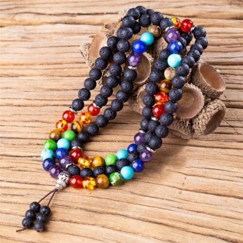 Druzy 8mm Volcanic Rock Stone Seven Chakra 108 Round Beads Bracelets Buddhist Beads Necklace Meditation Heart Healing Bracelet