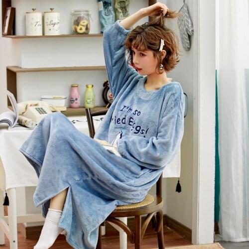SLPBELY Flannel Pajamas Outfit Womens Clothing Loose Nightgown Round Neck Coral Fleece Long Knead Soft Comfortable Nightdress