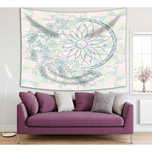 Tapestry Dreamcatcher Flowers on Triangle Geometric Background Boho Chic Style Artwork in Soft 5colors Pink Green Gray