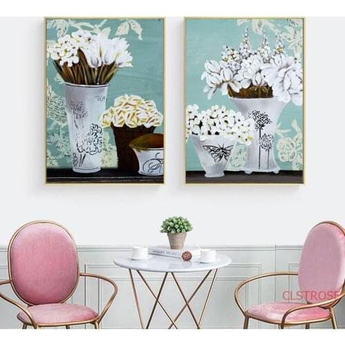 Nordic Oil Spray Painting White Flower Vase Art Canvas Poster Modern Home Decoration Living Room Modular Wall Pictures No Frame