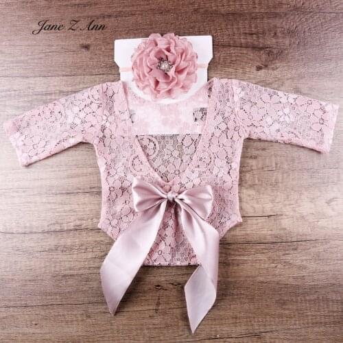Newborn baby girl lace photo suit flower hairband bodysuit white pink two-piece photography clothing