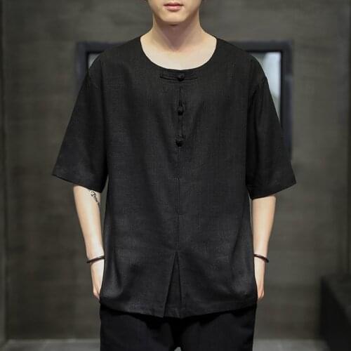 5XL Big Size Cotton Linen Blue Ethnic Clothing Flax Oriental Costume Blue China Shanghai Male Buckle Kung Fu Tops Shaolin Tees