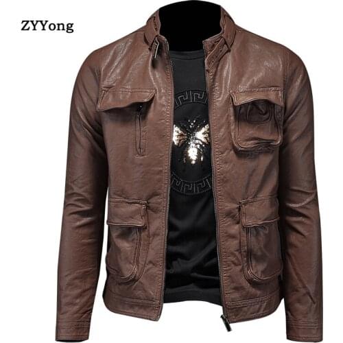 2020 Fashion Leather Jackets Men Spring Autumn Vintage Motorcycle Leather Brown Men Coats Slim Fit Stand Collar Brand Clothes