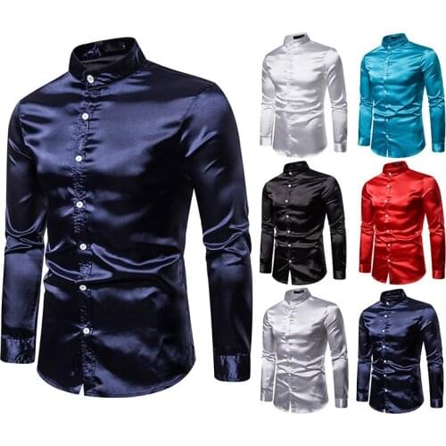 Mens Shirt Solid Color Stand Collar Casual Shirt Slim Type Fashion Shiny Long Sleeve Cardigan High Quality USA/EU Size Tops