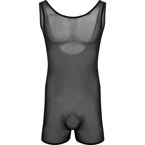 Mens Lingerie Sex Bodysuit Underwear Stretch Mesh See Through Sheer Sleeveless Scoop Neck Jockstrap Bodysuit Jumpsuits Underwear