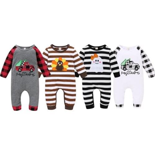0-18M Baby Boy Girl Festival Romper Long Sleeve O-Neck Plaid Striped Turkey Xmas Printed Jumpsuit 4Styles