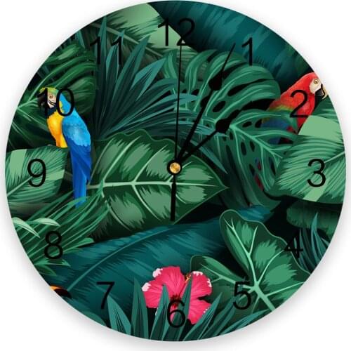 Animal Parrot Tropical Plant Green Leaf Print Wall Clock Modern Wall Art Silent Wall Watch Living Room Home Decor Christmas Gift