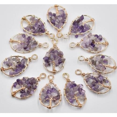 Wholesale 12pcs/lot natural stone amethysts Tree of life handmade wire color wire wrapped Pendants 22*30mm for jewelry marking