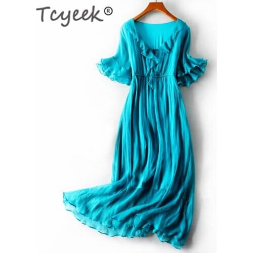 Tcyeek Summer Dress 100% Real Silk Dress Women Clothes 2020 Boho Ruffles Maxi Dresses Vinatge Elegant Ladies Vneck Vestido 98005