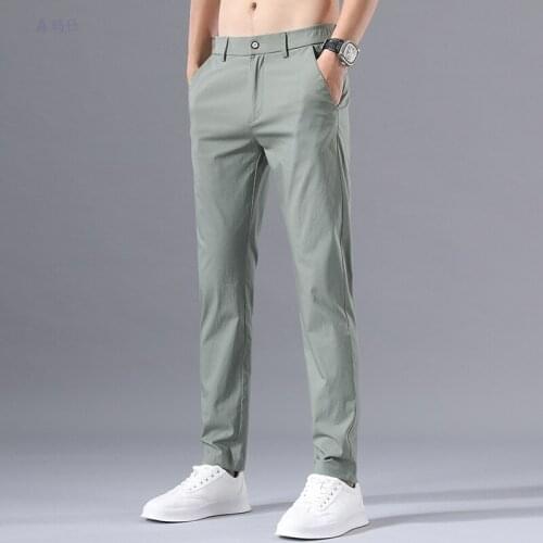 Pants mens summer thin casual ice silk pants trend business straight mens quick-drying trousers pleated pants men