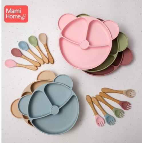 Silicone baby silicone plate Cartoon Fox Bear Silicone Plate Waterproof Baby Spoon Baby Silicone Tableware BPA Free Baby Goods