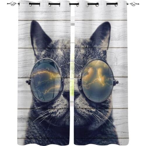 British Bobtail Cat Wearing Sunglasses Cool Window Curtains LivingRoom Kitchen Curtains Left and Right Biparting Open