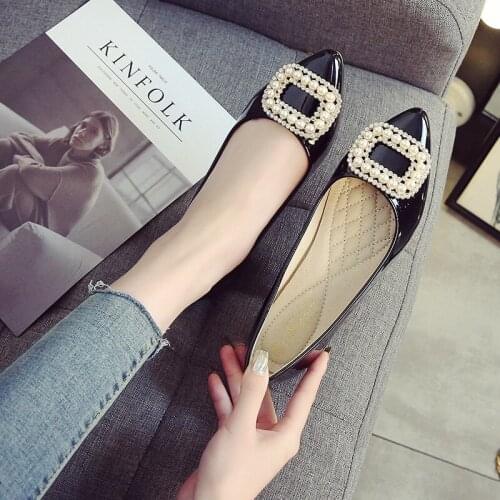 Shine japanned leather pointed toe ballet flay shoes woman single shoes pearl square buckle slip on loafers big size work shoes