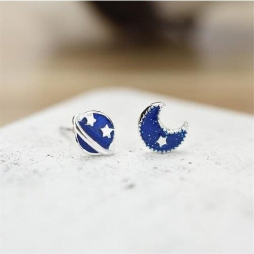 Fashion Sweet Blue Planet Epoxy Cute Asymmetric Stud Earring for Women Real 925 Sterling Silver Bijoux INS Hotsale Jewelry SE130