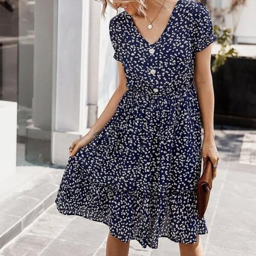 Womens Floral V-neck Dress Short Sleeve High Waist Flowy Dress for Party Beach Summer TT@88