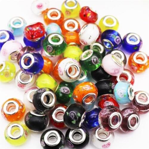 10Pcs Wholesale Lot Bulk Glass Flower Big Hole Round Beads Fit Pandora Bracelet Chain Cord Charm Necklace for Jewelry Making DIY