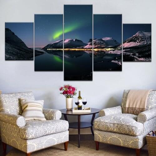5 Panel HD Print Snow mountain aurora borealis night Landscape Print On Canvas Art Painting For home living room decoration