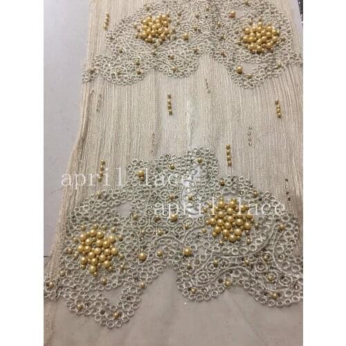 5yards ST001 # luxury 3d GOLD pearls beads embroidery net mesh lace fabric for evening dress/wedding
