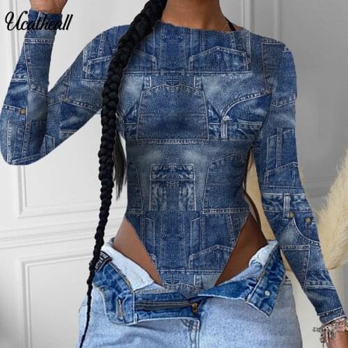 Denim Patterned Bodysuits Fashion Print Long Sleeve Bodysuit Overalls Bodycon Jumpsuits Women Rompers Casual Tops